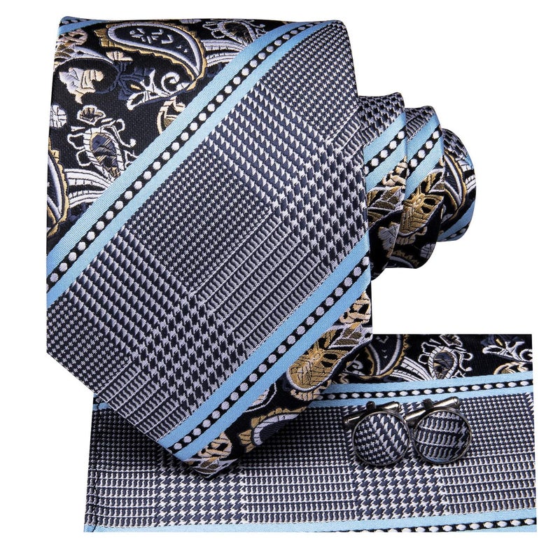 Dubulle Mens Paisely Floral Silk Tie for Men Striped Necktie and Pocket Square Set Wedding Business,Blue - Image 5