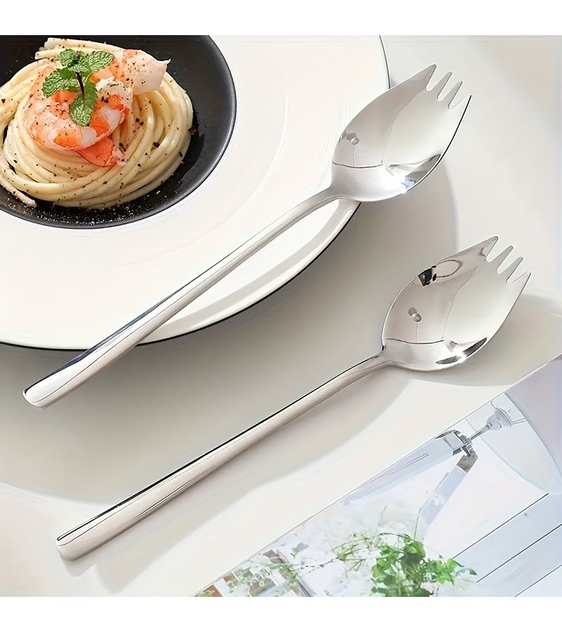 Silver 6 Piece Stainless Steel Spoon Fork Set Long Handle for Dessert Salad and Fruit - Image 2