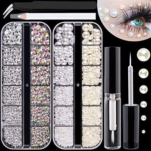 BELLEBOOST Flat Back Rhinestones&Pearls Kits Round Colorful Gems+White Pearls with Quick Dry Makeup Glue+Picker Pencil+Tweezer for Nail Art and Face Eye Body Make-up - Image 1