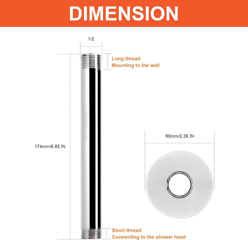 HarJue Ceiling Mounted Shower Arm, Rain Shower Extension Arm with Flange and Teflon Tape Stainless Steel Ceiling Mount Shower Extender for Fixed Shower Head (6 Inch, Chrome) - Image 1