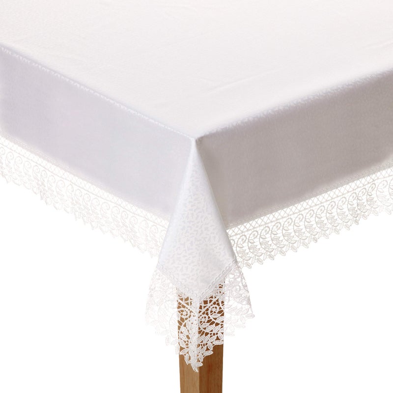 مفرش طاولة مستطيل من فويلت لينين بتصميم حجر الرصف مع حافة من الدانتيل ماكرامي من البوليستر جاكار أبيض 70 بوصة × 144 بوصة يتسع لـ 12 إلى 14 شخصاً