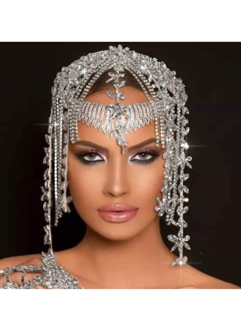 إسكدنيا Rhinestone Headpiece, 1920s Crystal Flapper Cap Headpiece Bridal Beaded Belly Dance Tassel Head Chain Women Hair Accessories for Women - Image 2