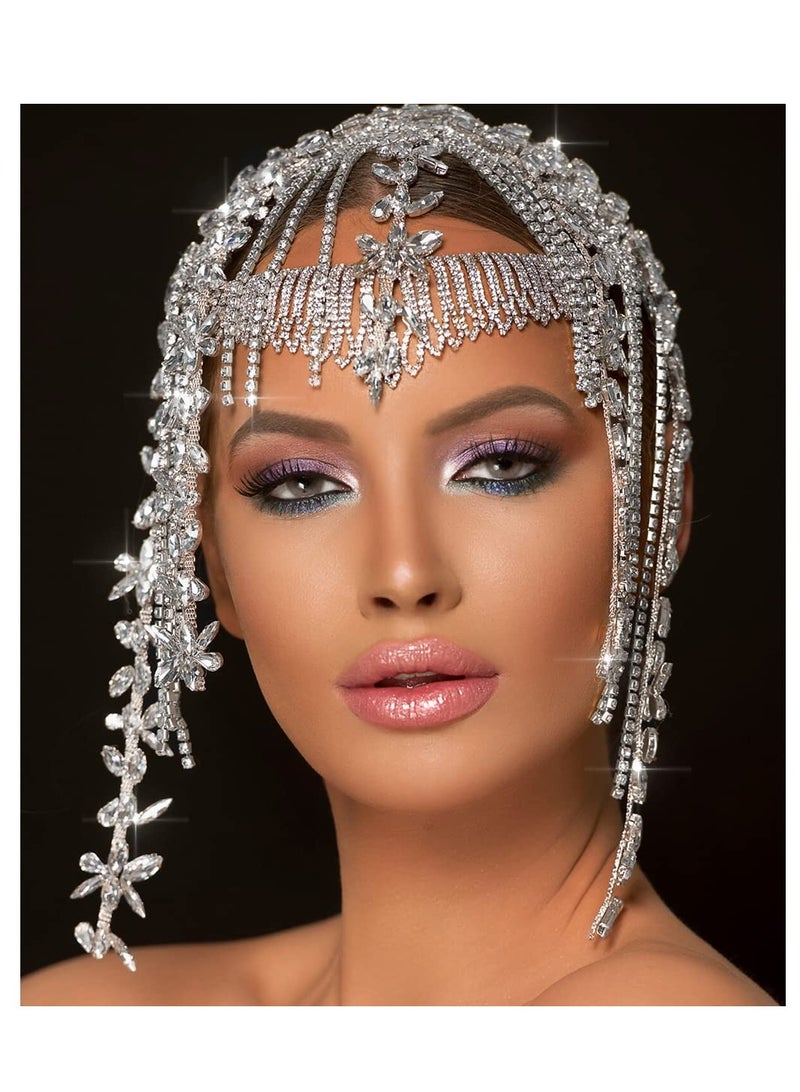 إسكدنيا Rhinestone Headpiece, 1920s Crystal Flapper Cap Headpiece Bridal Beaded Belly Dance Tassel Head Chain Women Hair Accessories for Women - Image 4