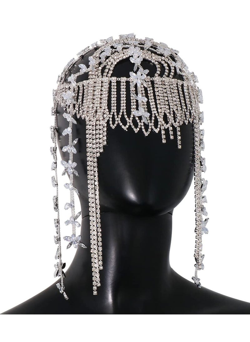 إسكدنيا Rhinestone Headpiece, 1920s Crystal Flapper Cap Headpiece Bridal Beaded Belly Dance Tassel Head Chain Women Hair Accessories for Women - Image 5
