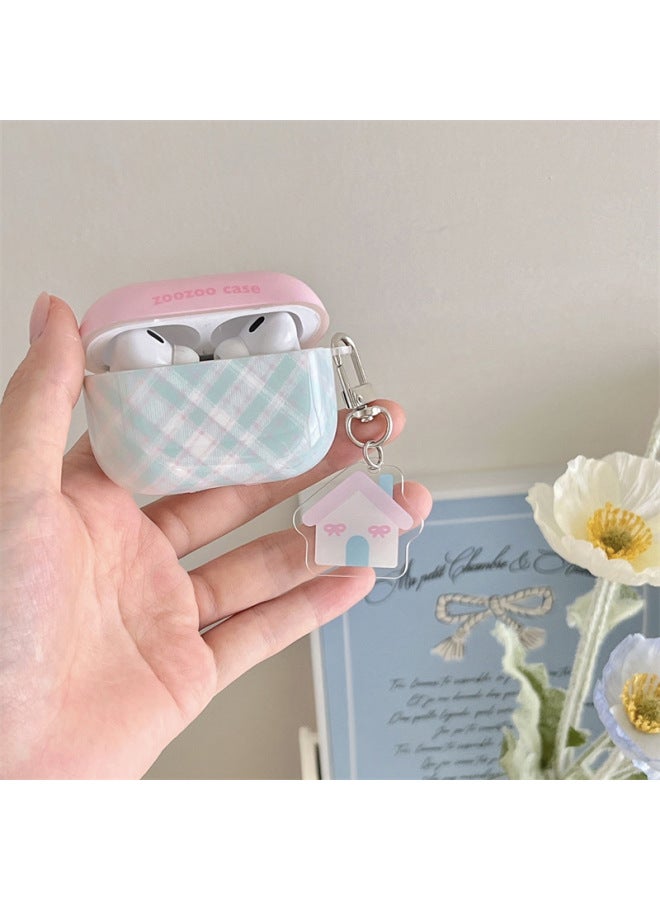 Loquat Summer Contrast Color Plaid Pendant For Apple AirPods Protective Cover AirPodsPro2 Generation 2022 Headset 4-Color:Imd Earphone Set-Powder Cover Green Plaid Small House Pendant-Applicable Model:Airp  - Image 4