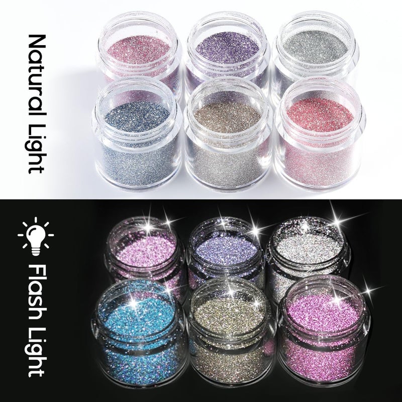 Furtherpretty Reflective Glitter for Nails, 6 Colors Sparkle Nail Powder Diamond Dust Glitter Silver Pink Purple Blue Sugar Dip Powder Shimmer Nail Pigment Set with Brush Nail Salon Supplies - Image 3