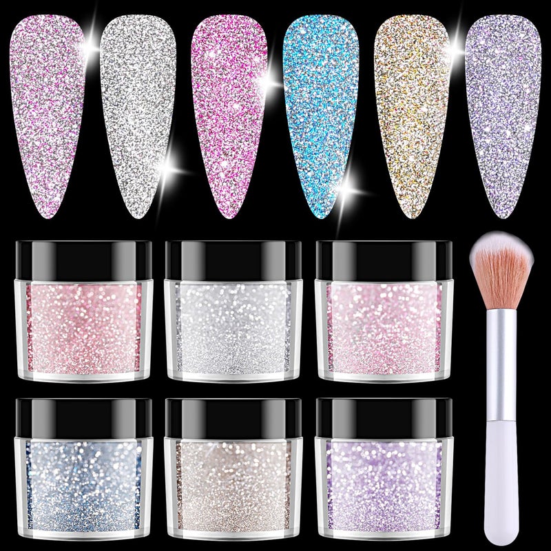 Furtherpretty Reflective Glitter for Nails, 6 Colors Sparkle Nail Powder Diamond Dust Glitter Silver Pink Purple Blue Sugar Dip Powder Shimmer Nail Pigment Set with Brush Nail Salon Supplies - Image 1