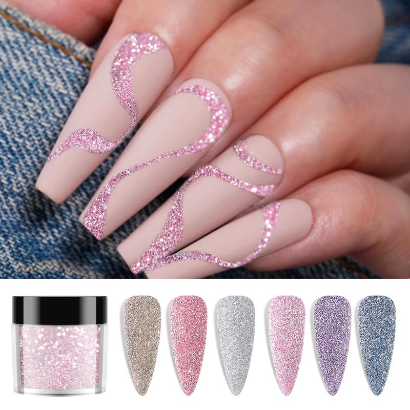 Furtherpretty Reflective Glitter for Nails, 6 Colors Sparkle Nail Powder Diamond Dust Glitter Silver Pink Purple Blue Sugar Dip Powder Shimmer Nail Pigment Set with Brush Nail Salon Supplies - Image 5