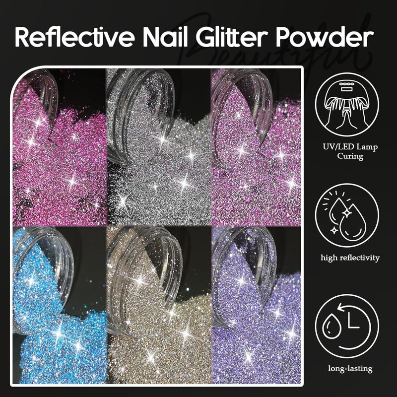 Furtherpretty Reflective Glitter for Nails, 6 Colors Sparkle Nail Powder Diamond Dust Glitter Silver Pink Purple Blue Sugar Dip Powder Shimmer Nail Pigment Set with Brush Nail Salon Supplies - Image 2