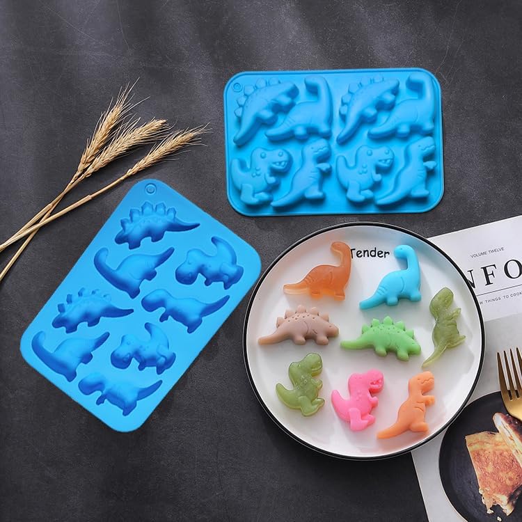 Apiocmy 2Pcs Dinosaur Silicone Candy Molds - 8-Cavity Gummy Dinosaur Molds Shaped with T-rex, Stegosaurus, Triceratops, Brontosaurus, Non-stick and Bpa Free for Chocolate, Soaps, Crayons, Ice Cubes - Image 2