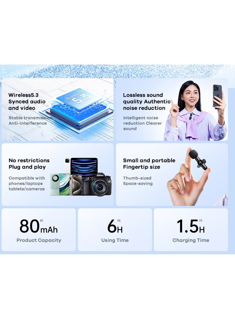 ريماكس ميكروفون لافالير لاسلكي، ميكروفون واحد إلى اثنين مع خاصية تقليل الضوضاء، بلوتوث، التوصيل والتشغيل، لسلسلة، البث المباشر، المقابلات، التدريس عبر الإنترنت - Image 3