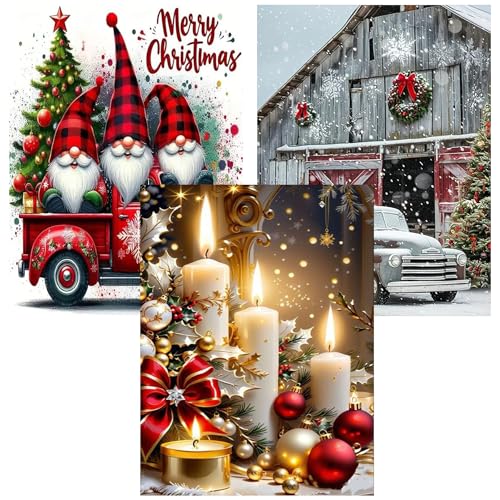 Meothan Christmas Diamond Art Kits for Adults 3 Pack Diamond Painting Kits for Adults 5D Round Full Drill Gem Art Paint by Diamonds Dots DIY Crafts Kits 12x16inch Candle Gnomes and Truck - Image 1
