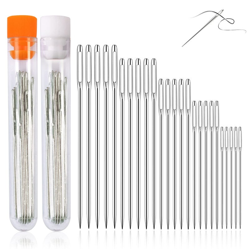 Redamancy 50 Pcs Large Eye Needles 5 Sizes Big Eye Hand Sewing Needles Steel Yarn Knitting Needles Darning Needle in a Clear Tube Upholstery Needles Set 16 18 2 22 24