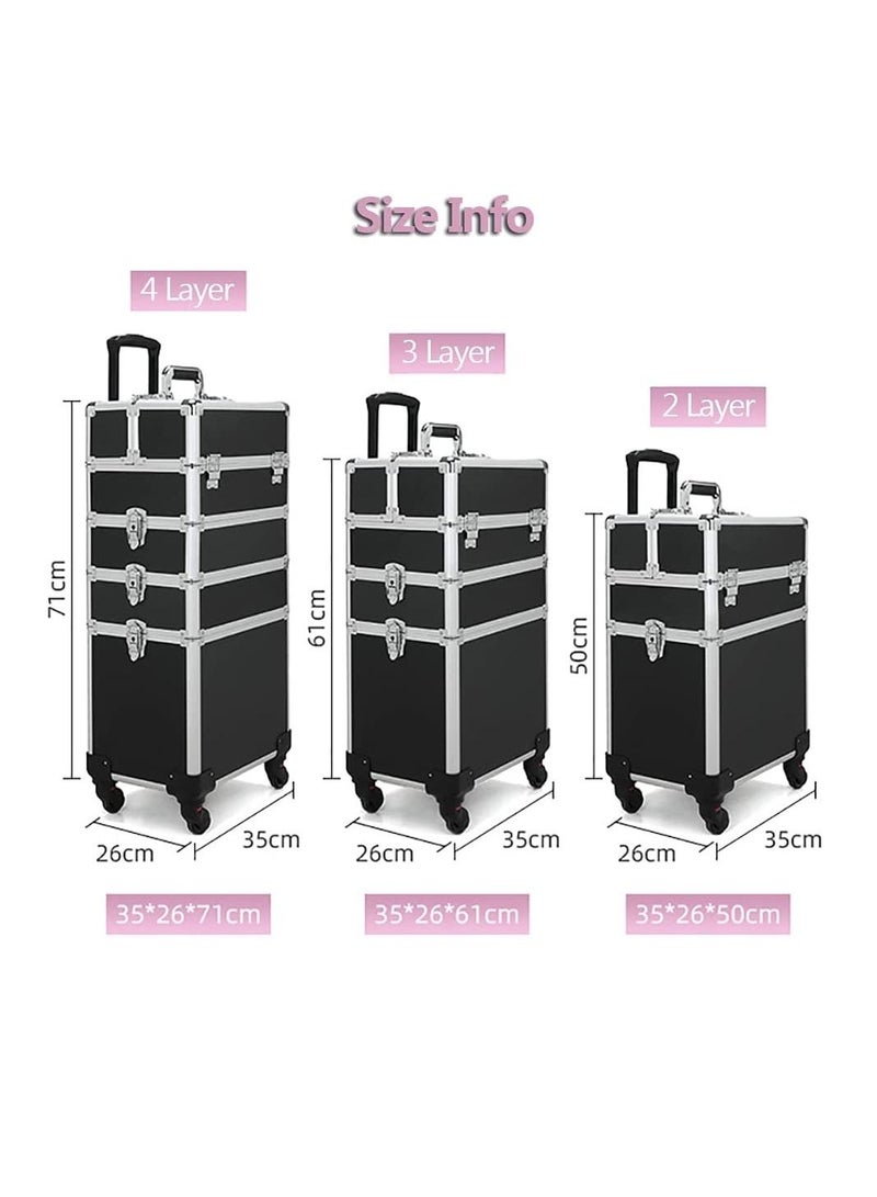 4-layer professional cosmetics case,portable rolling cosmetics trolley case,lockable jewelry travel cosmetics storage box with 4 wheels - Image 2