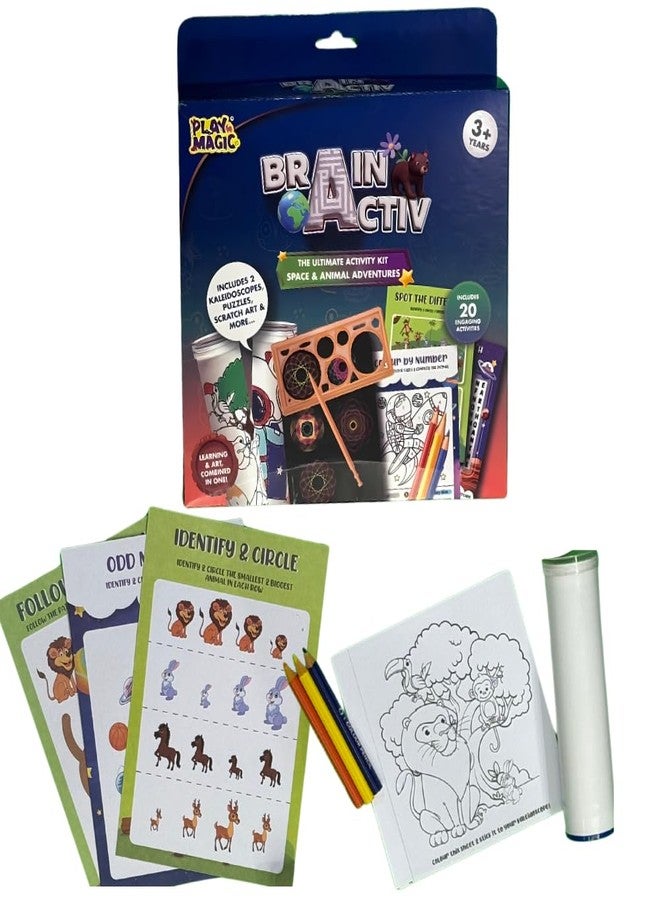 PlayMagic BrainActiv Kaleidoscope Making DIY Kit for Kids 3+|Magical Pattern Creation Kit|2 Kaleidoscopes, Scratch Sheets, 8 Activity Sheets|Educational Birthday Gift for Kids-Space & Animal Adventure - Image 1