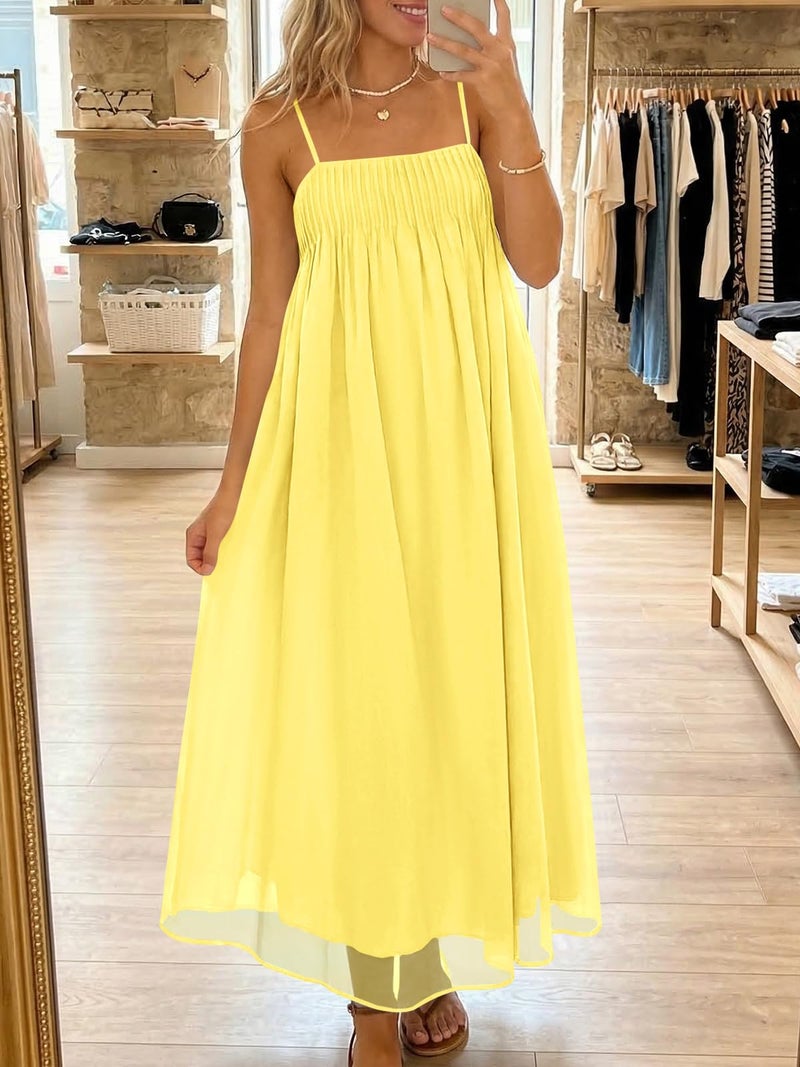 Wenrine Women's Summer Boho Maxi Dresses Spaghetti Straps Chiffon Casual Sundress Beach Vacation Long Dress with Pockets Yellow - Image 5