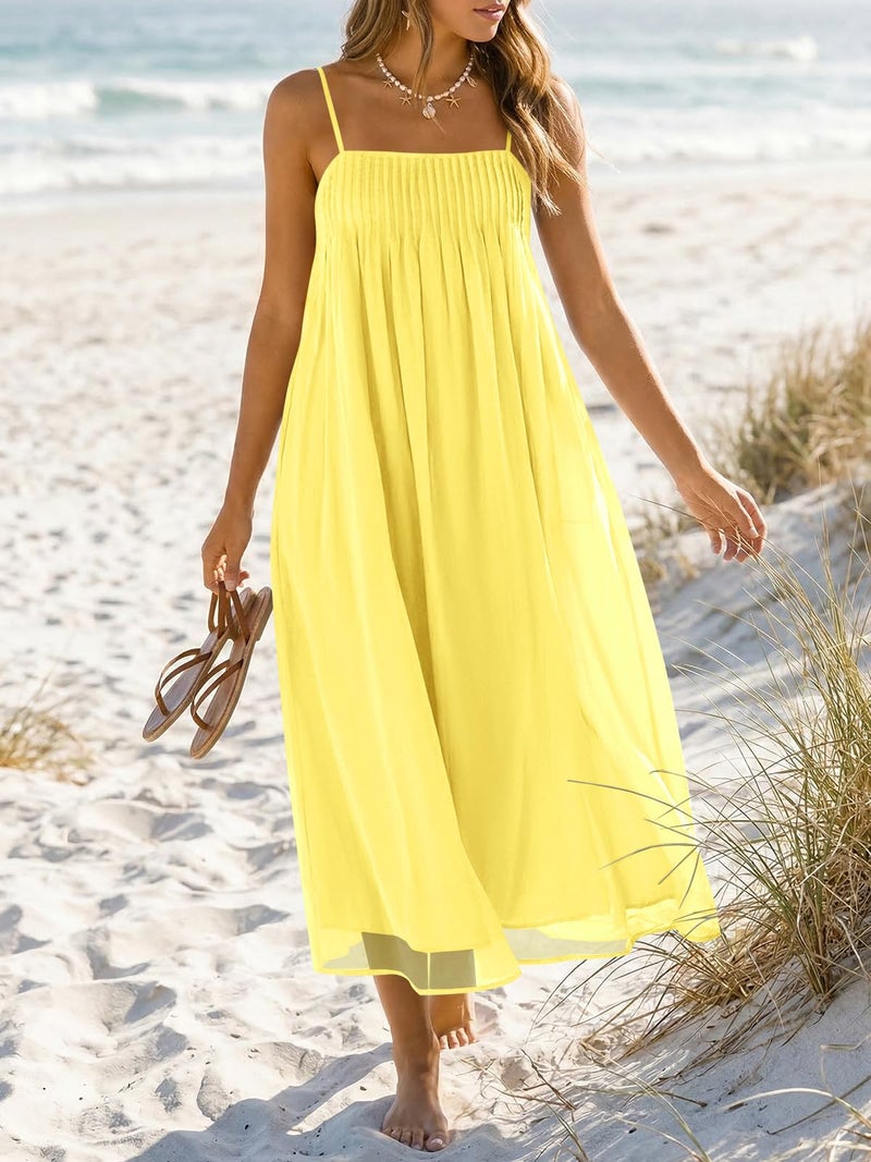 Wenrine Women's Summer Boho Maxi Dresses Spaghetti Straps Chiffon Casual Sundress Beach Vacation Long Dress with Pockets Yellow - Image 2