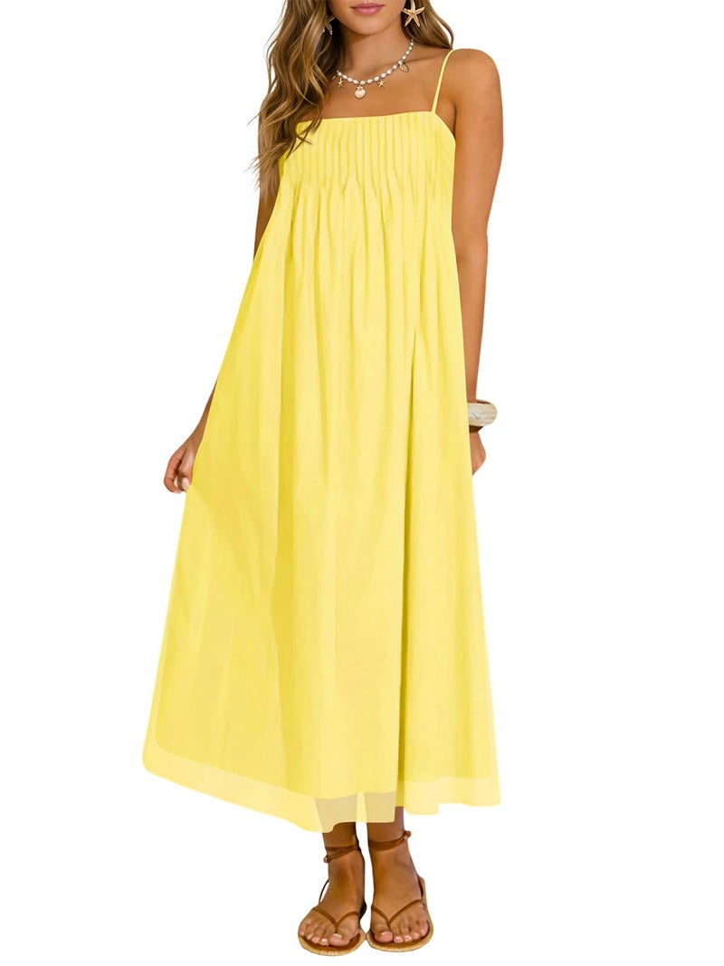 Wenrine Women's Summer Boho Maxi Dresses Spaghetti Straps Chiffon Casual Sundress Beach Vacation Long Dress with Pockets Yellow - Image 1