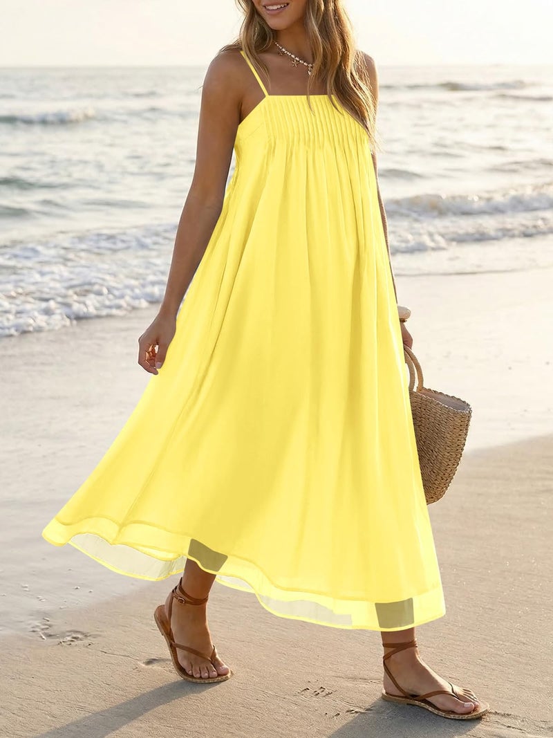 Wenrine Women's Summer Boho Maxi Dresses Spaghetti Straps Chiffon Casual Sundress Beach Vacation Long Dress with Pockets Yellow - Image 3