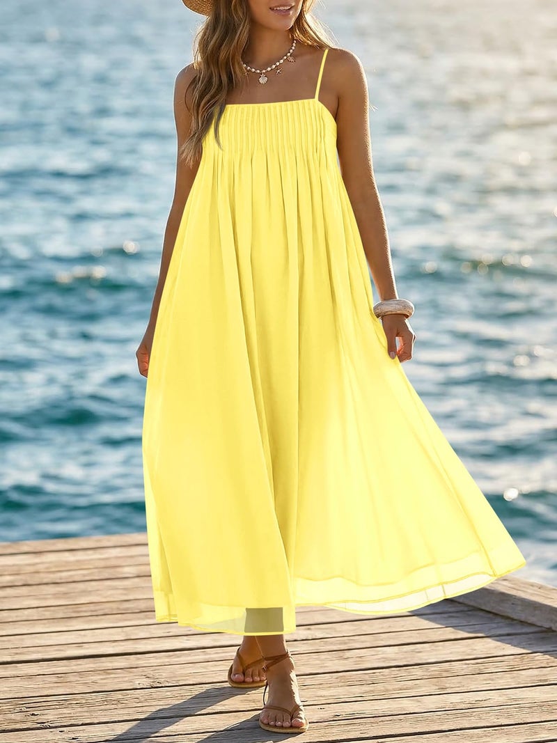 Wenrine Women's Summer Boho Maxi Dresses Spaghetti Straps Chiffon Casual Sundress Beach Vacation Long Dress with Pockets Yellow - Image 4