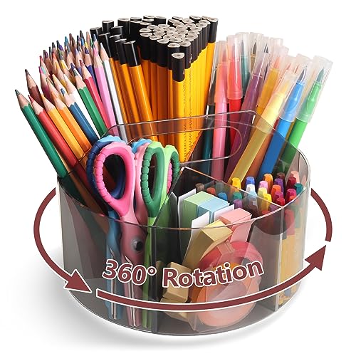 Absonic Acrylic Pen Holder Crayon Organizer for Kids, 6 Slots Arts and Crafts Organizer Marker Caddy Organizer for Classroom, 360 Rotating Pencil Holder Art Supplies Storage for School Office Grey - Image 1
