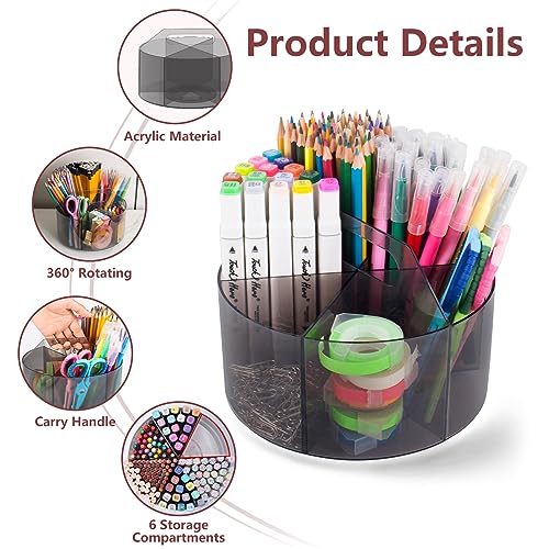 Absonic Acrylic Pen Holder Crayon Organizer for Kids, 6 Slots Arts and Crafts Organizer Marker Caddy Organizer for Classroom, 360 Rotating Pencil Holder Art Supplies Storage for School Office Grey - Image 4