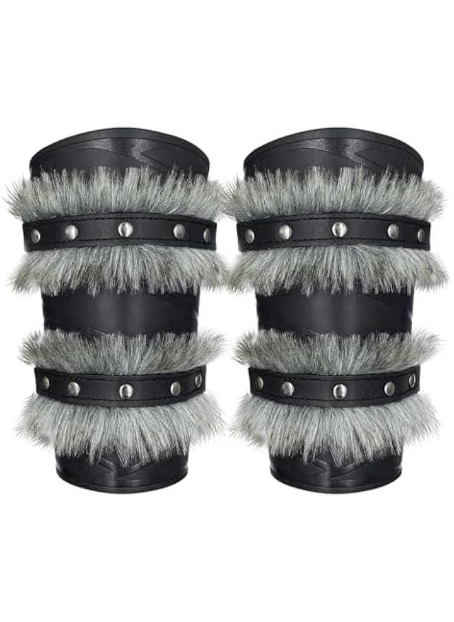 Generic Nordic Viking Barbarian Arm Guards, Medieval Artificial Fur Gauntlets, Vintage Faux Leather Bracers for LARP  - Image 3