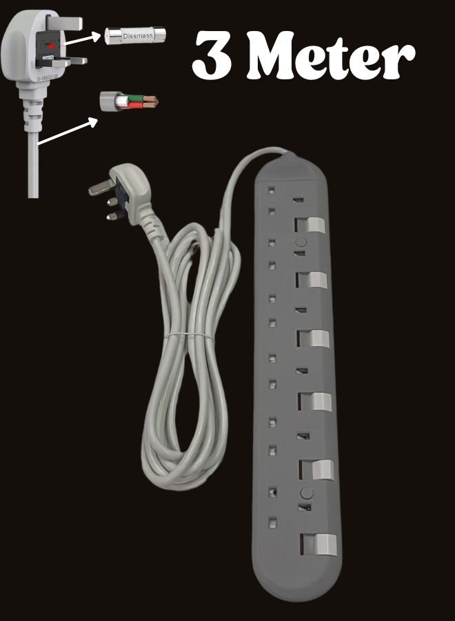 JAMS 3 Meter Power Strips Extension Cord | 6 Sockets Universal Plug Adapter with Bold Extension Cable | With Individual Switches With Lights| Power Socket | Extension Board | Extension Cable | Extension Socket For Home ,Office ,Kitchen ,Travel And More ((3 Meter)) 
