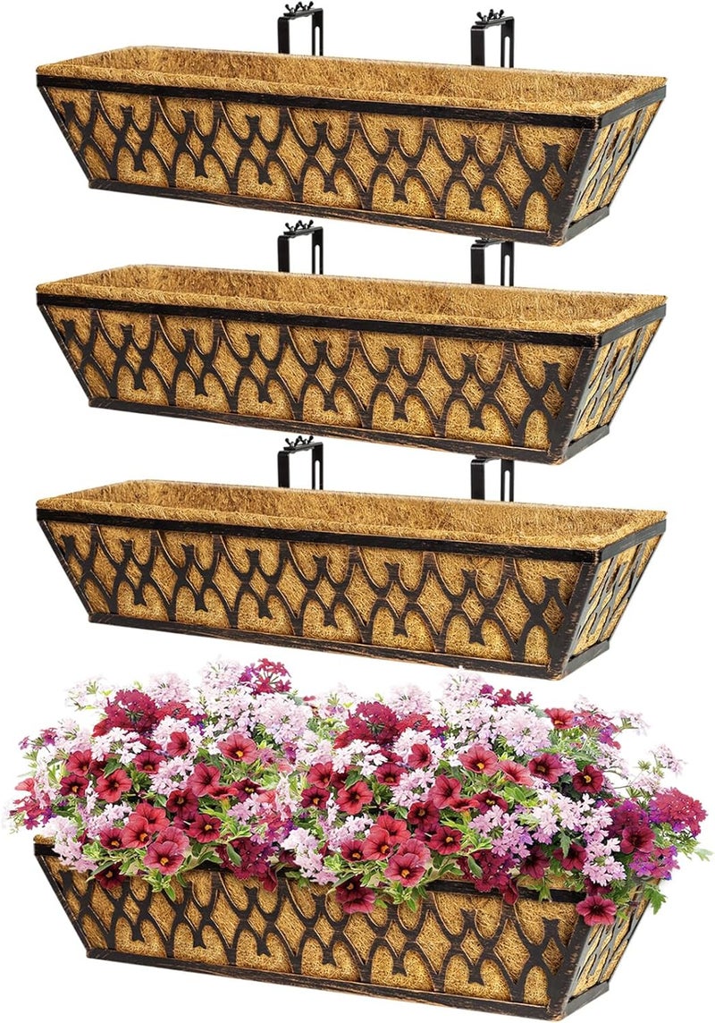 Karlliu 4 Pack 24 Inch Window Boxes Planters Railing Planter Box with Adjustable Brackets for Porch Fence Patio Balcony Hanging Flower Baskets with Coco Liners for Outdoor Garden Decor - Bronze - Image 1