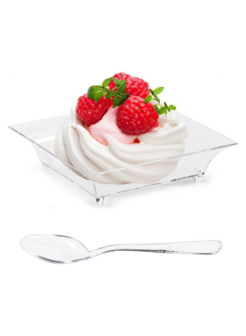 كاست ويف Mini Appetizer Plates, Mini Dessert Plates for Appetizers with Tasting Spoons, Small Disposable Plastic Plates Set, Reusable Crystal Clear Plastic Party Serving Hors D'oeuvres Plates (100PCS Square) - Image 2