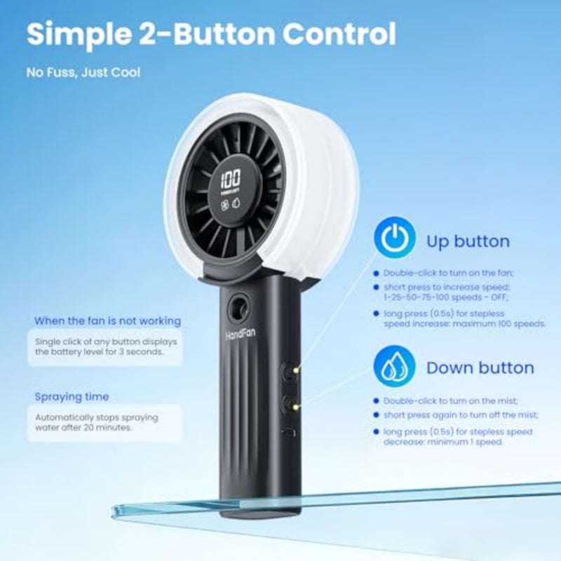 مروحة رذاذ مطورة مع شاشة LED، مروحة محمولة فائقة التبريد مع رذاذ رذاذ الماء، تدفق هواء أقوى بنسبة 50% وأكثر هدوءًا، قابلة لإعادة الشحن عبر USB للسفر/الحديقة/ديزني/الشاطئ/الحفلة الموسيقية/اللعبة - Image 5