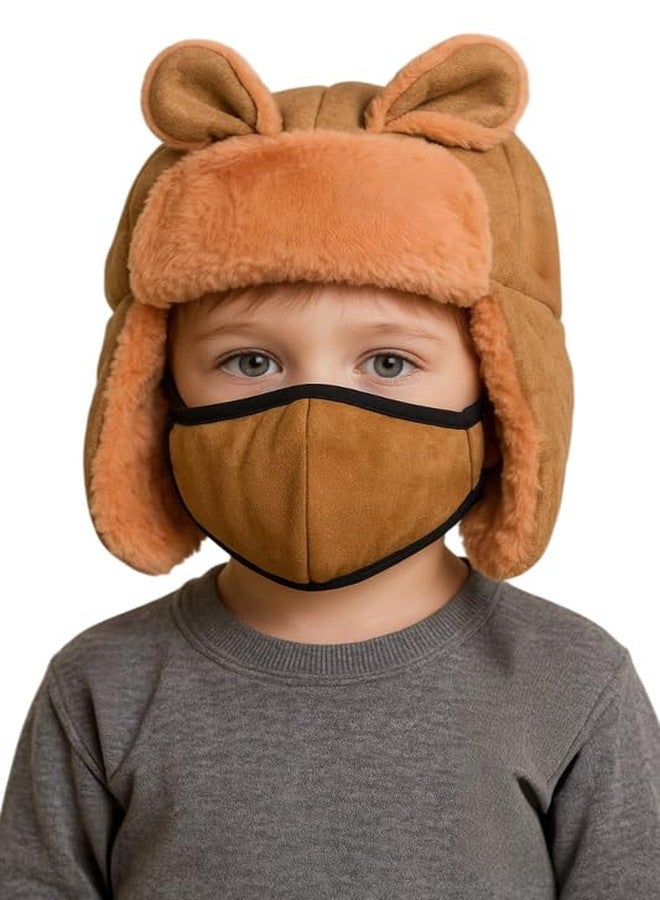 Krystle Kids Winter Warm Hat with Ears and Face Mask - Soft Fleece Trapper Hat for Boys & Girls (Brown,5-10 Years) - Image 1