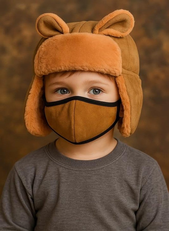 Krystle Kids Winter Warm Hat with Ears and Face Mask - Soft Fleece Trapper Hat for Boys & Girls (Brown,5-10 Years) - Image 3