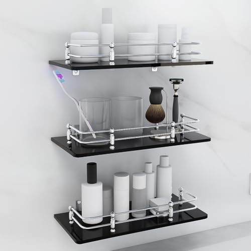 FORTUNE Multipurpose Wall Hung Glass Front Bathroom Shelf with Wall Brackets Storage Holder, 12 x 6 -inch -Black (Pack of 3) - Image 2