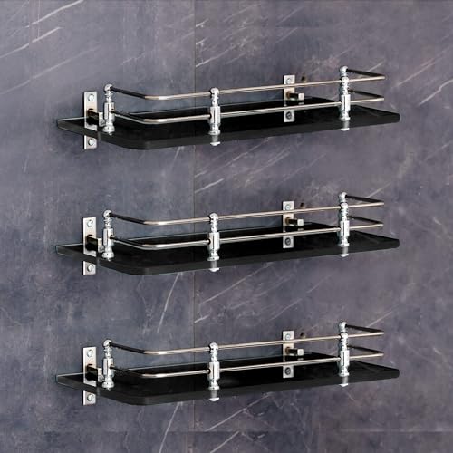 FORTUNE Multipurpose Wall Hung Glass Front Bathroom Shelf with Wall Brackets Storage Holder, 12 x 6 -inch -Black (Pack of 3) - Image 1