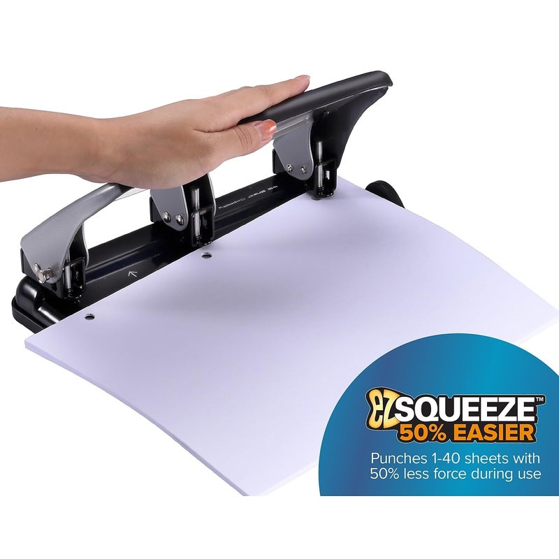 Bostitch Office EZ Squeeze Heavy Duty 3 Hole Punch, 40-Sheet Capacity, Use Less Force, Perfect for Home Office School Supplies, Sleek Design, Silver - Image 2