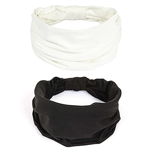 GiLi 2 Pack Wide Headbands for Women Boho African Knotted Non Slip Fashion Hair Bands Yoga Running Sports Workout Gym Head Wraps Elastic Soft Cotton Cloth Turbans Bandana for Girls (White,Black) - Image 1