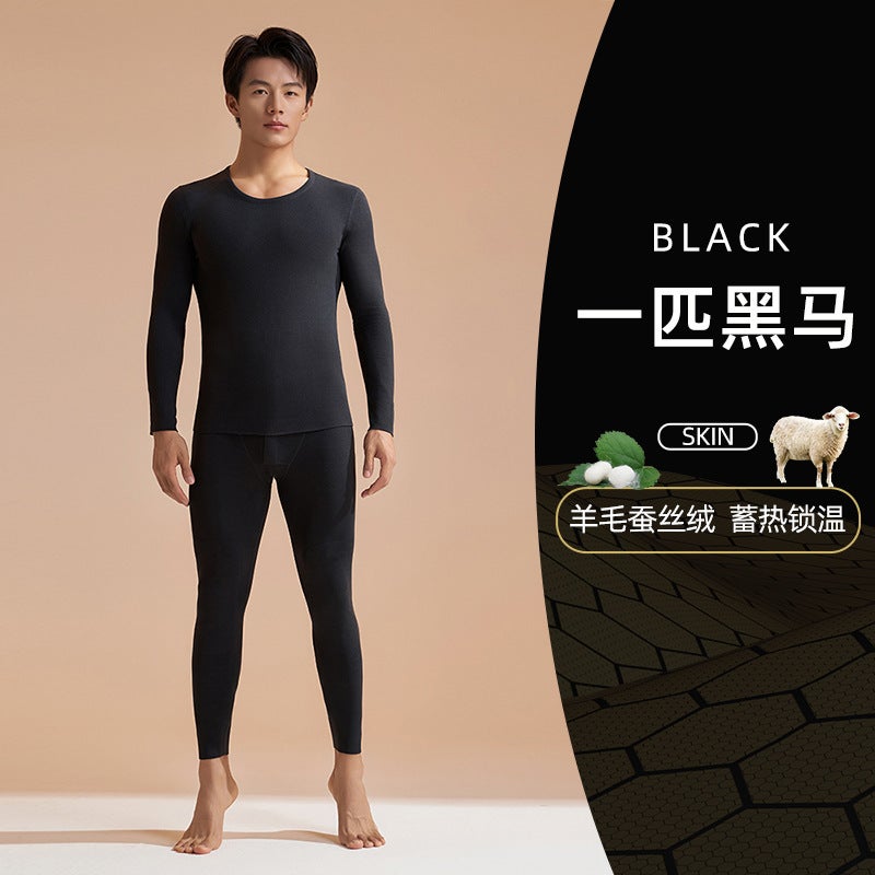 Warmbras Mens Suit Autumn/Winter Black Gold Double-Sided Thickened Seamless Comfortable Underwear Pants Set A dark horse (male) 