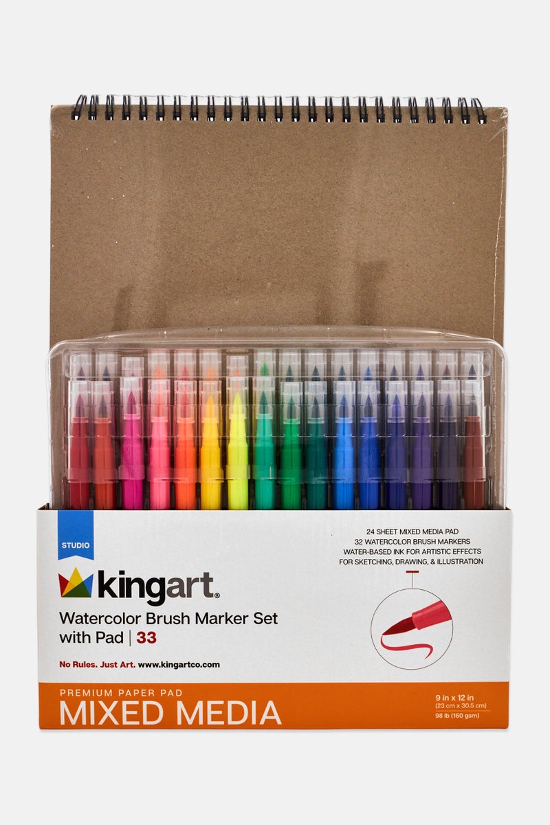 KINGART 33 Pieces Watercolor Brush Marker Set With Pad, Multicolor - Image 1