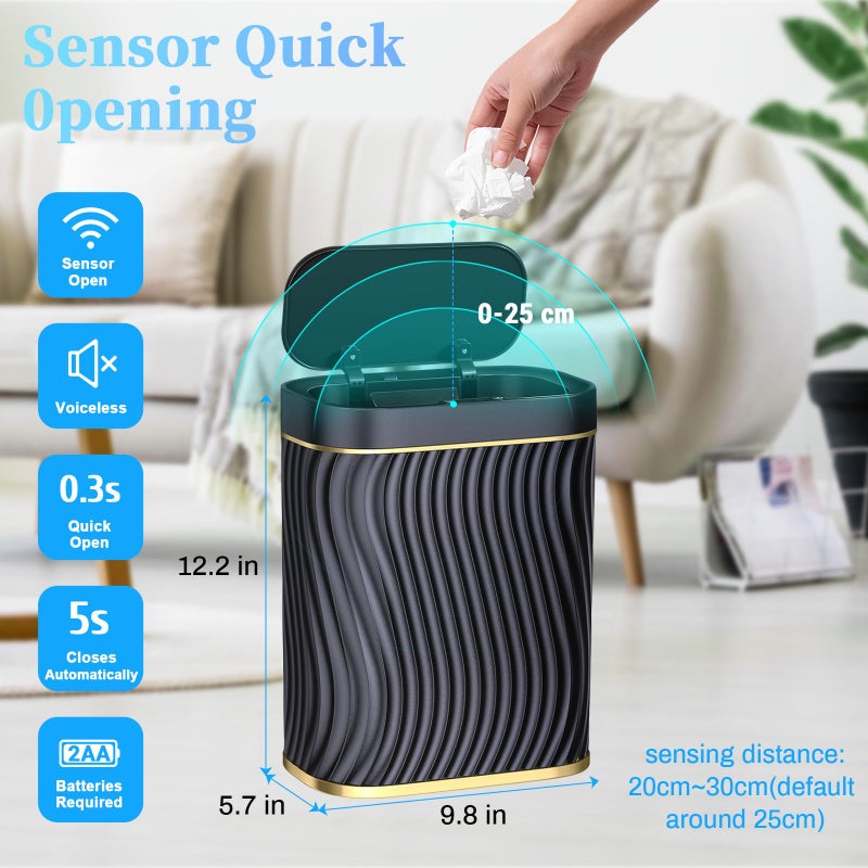 steo spce Automatic Motion Sensor Bathroom Small Trash Can with Lid, 2.6 Gallon Black Touchless Slim Garbage Can, Smart Waterproof Trash Bin for Bedroom, Restroom, Living Room, Office - Image 2