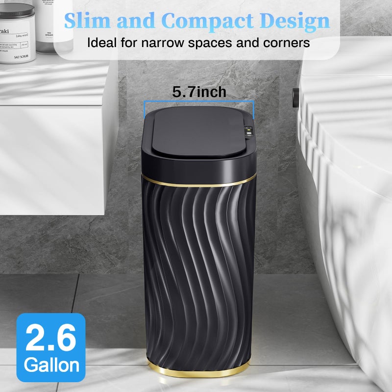 steo spce Automatic Motion Sensor Bathroom Small Trash Can with Lid, 2.6 Gallon Black Touchless Slim Garbage Can, Smart Waterproof Trash Bin for Bedroom, Restroom, Living Room, Office - Image 3