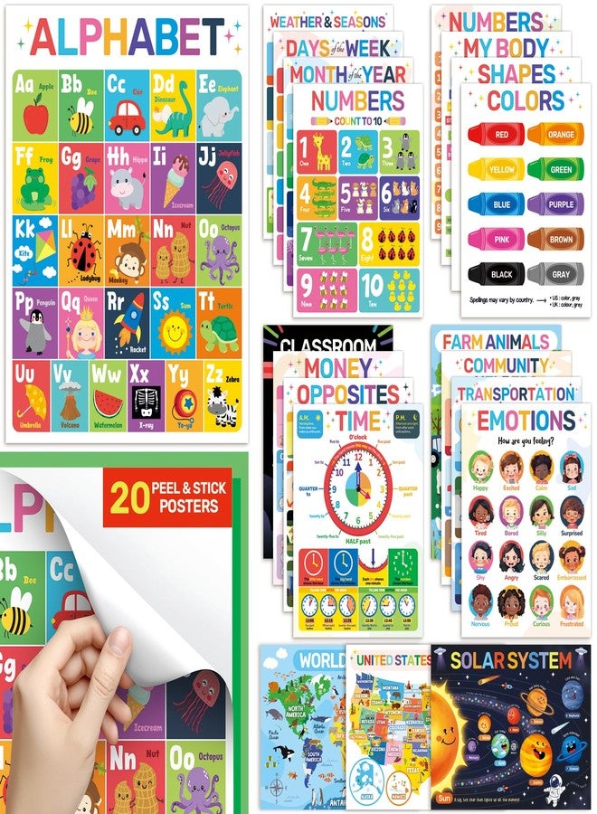 DECOWALL PS-01 20 Educational Peel & Stick Poster Stickers for Kids- Removable Wall Decals for Preschool & Kindergarten Classrooms-Alphabet, Numbers, Shapes, Emotions, Weather&More-Learning Chart ABCs - Image 1
