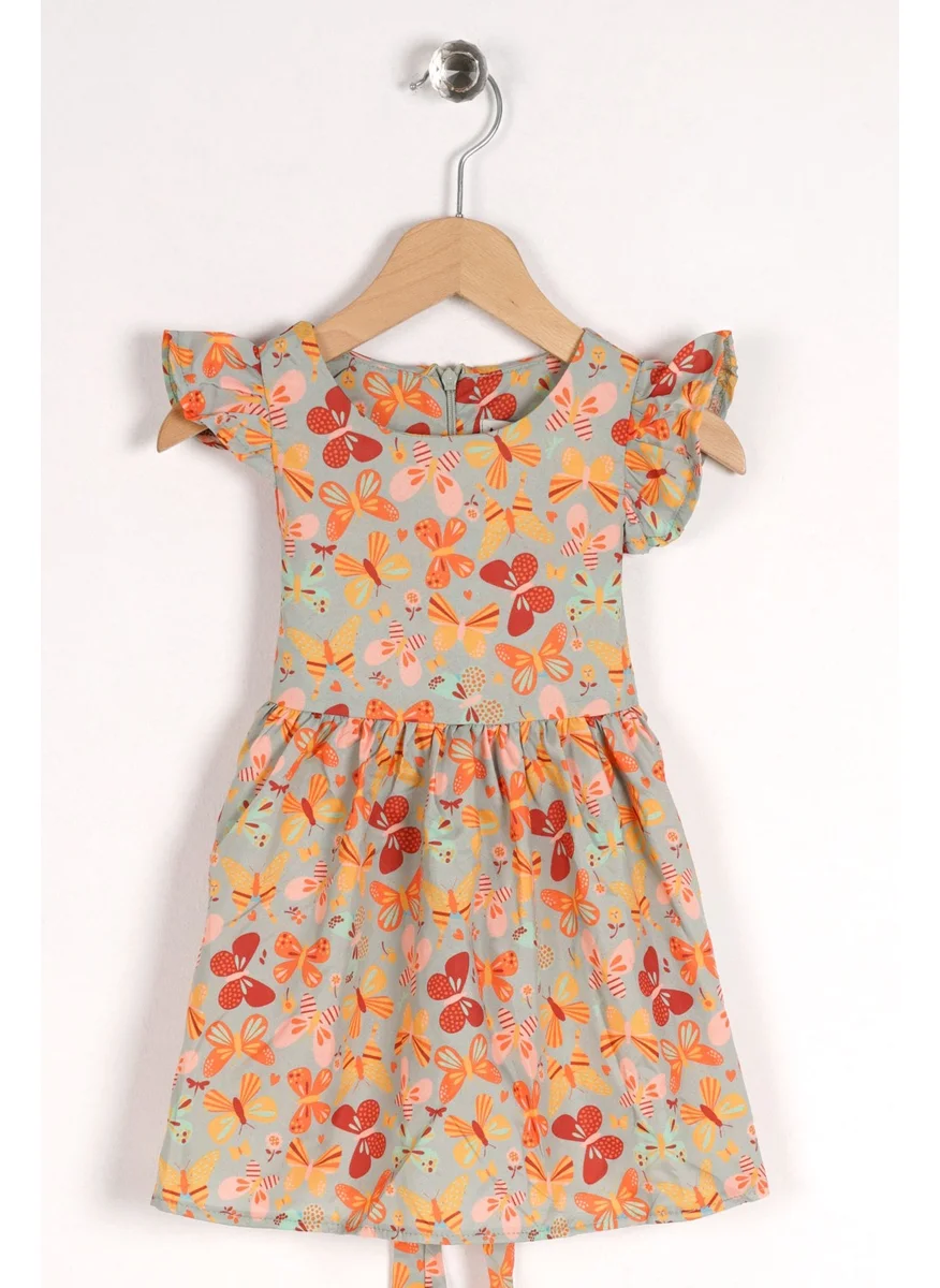 Zepkids Girls Cagla Green Butterfly Patterned Waist Belted Crew Neck Dress