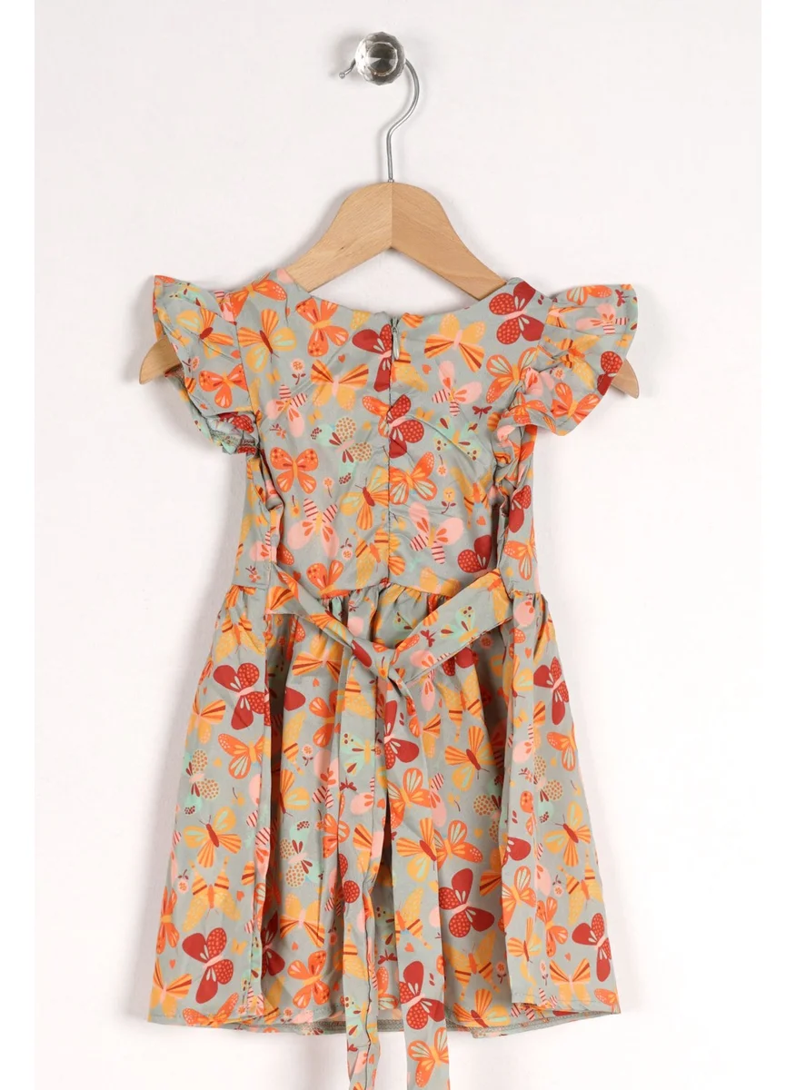 Zepkids Girls Cagla Green Butterfly Patterned Waist Belted Crew Neck Dress