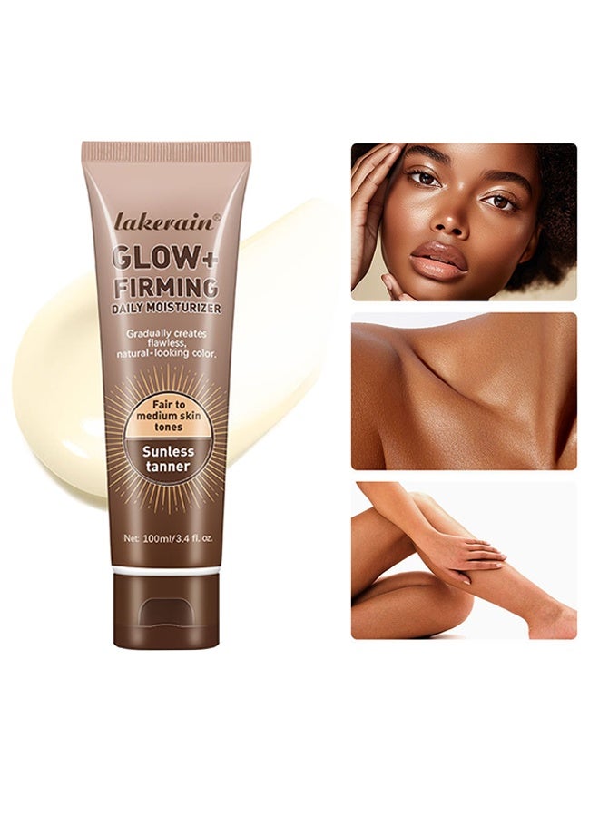 lakerain Glow+ Firming Daily Moisturizer， Natural Light Bronze Sunless Tanner Moisturizing Hydrating Nourishing Glow Tanner Fair to Medium Skin Tones Tanning Cream Moisturizer 100ml - Image 1