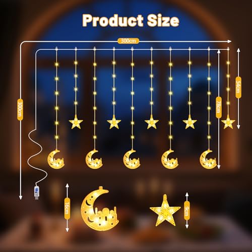 FIALAME Ramadan Lights Decorations,130 LED Ramadan Decorations for Home 2026,Moon and Star Curtain String Lights with Remote Timer,8 Lighting Modes,Eid Decorations for Indoor Window Bedroom Party Holiday - Image 2