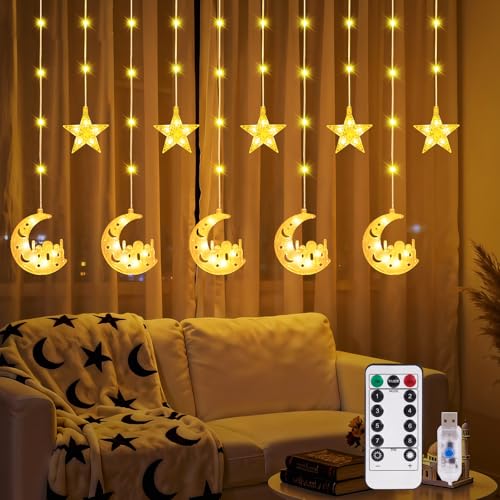 FIALAME Ramadan Lights Decorations,130 LED Ramadan Decorations for Home 2026,Moon and Star Curtain String Lights with Remote Timer,8 Lighting Modes,Eid Decorations for Indoor Window Bedroom Party Holiday - Image 1