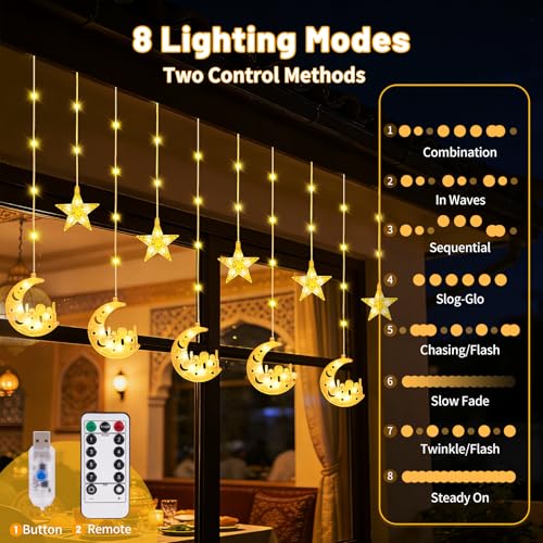 FIALAME Ramadan Lights Decorations,130 LED Ramadan Decorations for Home 2026,Moon and Star Curtain String Lights with Remote Timer,8 Lighting Modes,Eid Decorations for Indoor Window Bedroom Party Holiday - Image 3