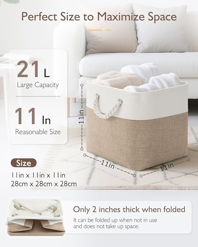 Patvingot 11 Inch Cube Storage Bins 6 Pack Fabric Storage Cubes with Rope Handles Organizer Baskets for Closet Shelves Clothes and Home OrganizationWhiteKhaki - Image 3