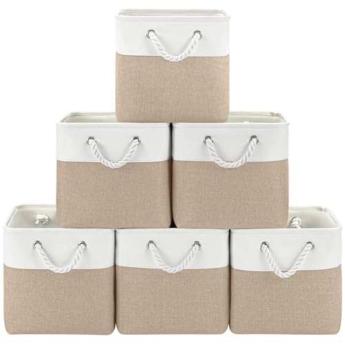 Patvingot 11 Inch Cube Storage Bins 6 Pack Fabric Storage Cubes with Rope Handles Organizer Baskets for Closet Shelves Clothes and Home OrganizationWhiteKhaki - Image 1